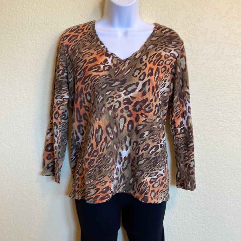 David Cline Women’s 3/4 Sleeve, V-Neck, Animal Print Top. Made in USA.
